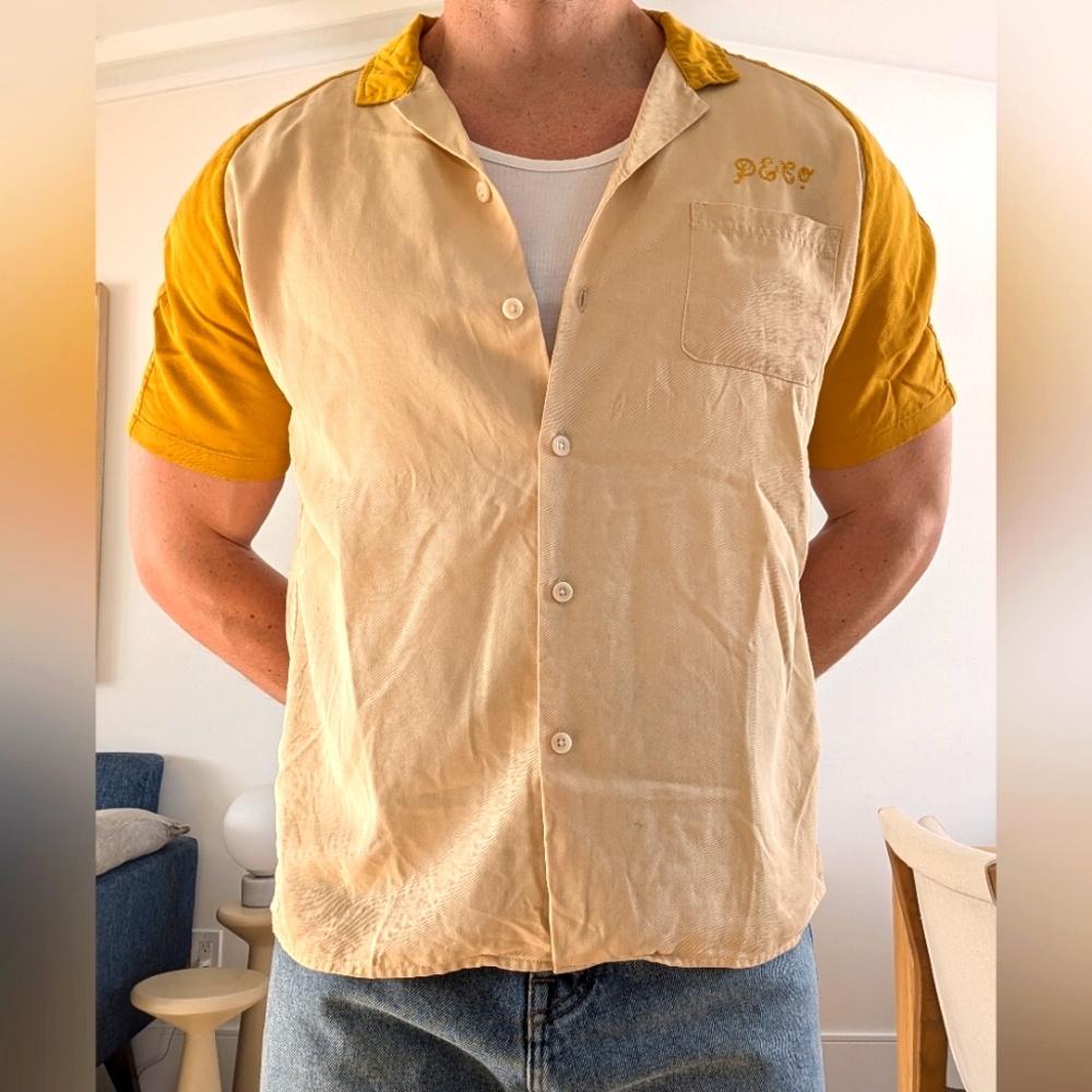 P&Co Men's Beige and Yellow Bowling Shirt